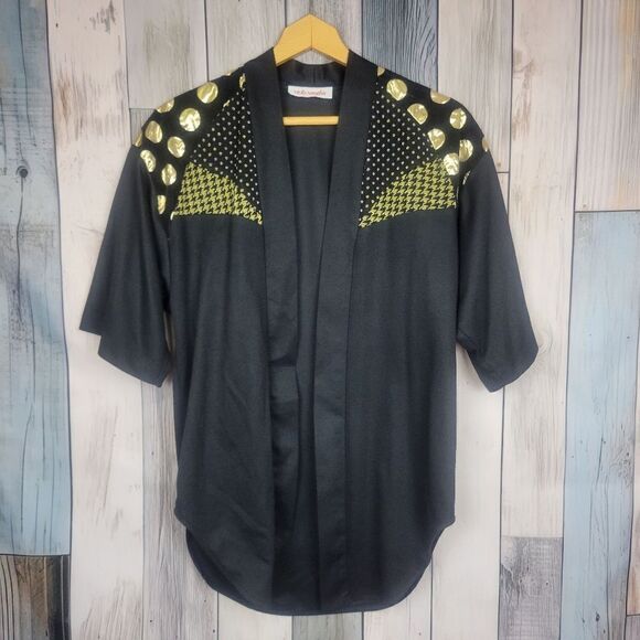 Vintage Vicky Vaughn Black Gold Geometric Open Front Cardigan Duster Shirt M L - Picture 6 of 9